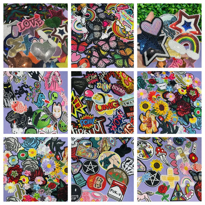 Collage of various colorful patches with different designs on a grid layout.