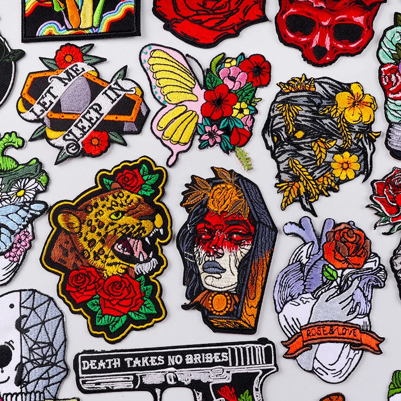 Collection of various colorful patches with different designs on a white background