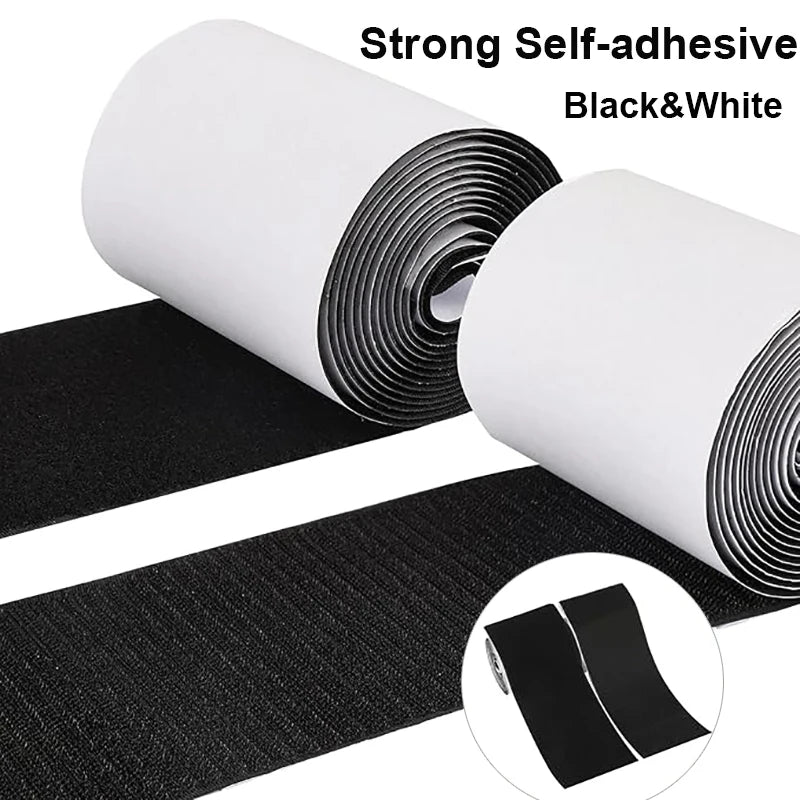 Two rolls of black self-adhesive hook & loop tapes with text indicating strength.