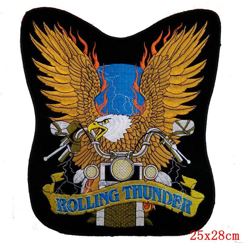 Embroidered patch with an eagle, motorcycle, and 'Rolling Thunder' text on a black background.
