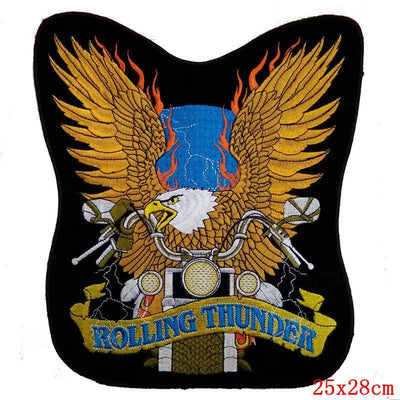 Embroidered patch with an eagle, motorcycle, and 'Rolling Thunder' text on a black background.