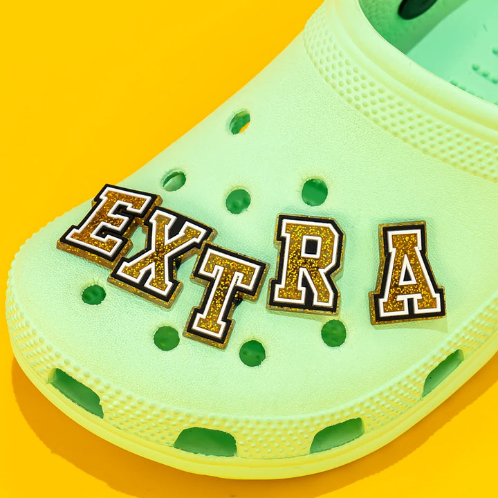 Gold Glitter Alphabet Shoe Charms (26pc A–Z) — Letters for Clogs &amp; Bags