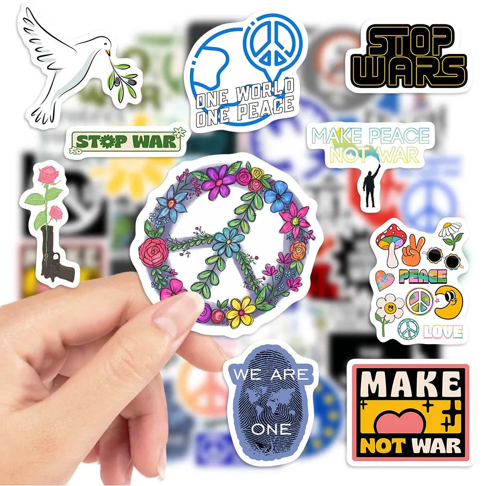 Collection of peace-themed stickers with a hand holding a colorful peace symbol sticker.