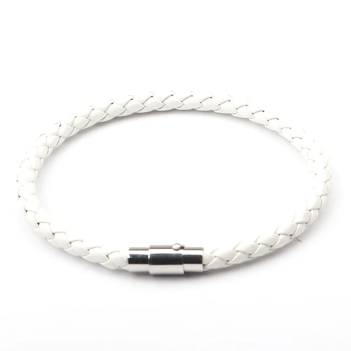 White braided leather bracelet with a silver clasp on a white background