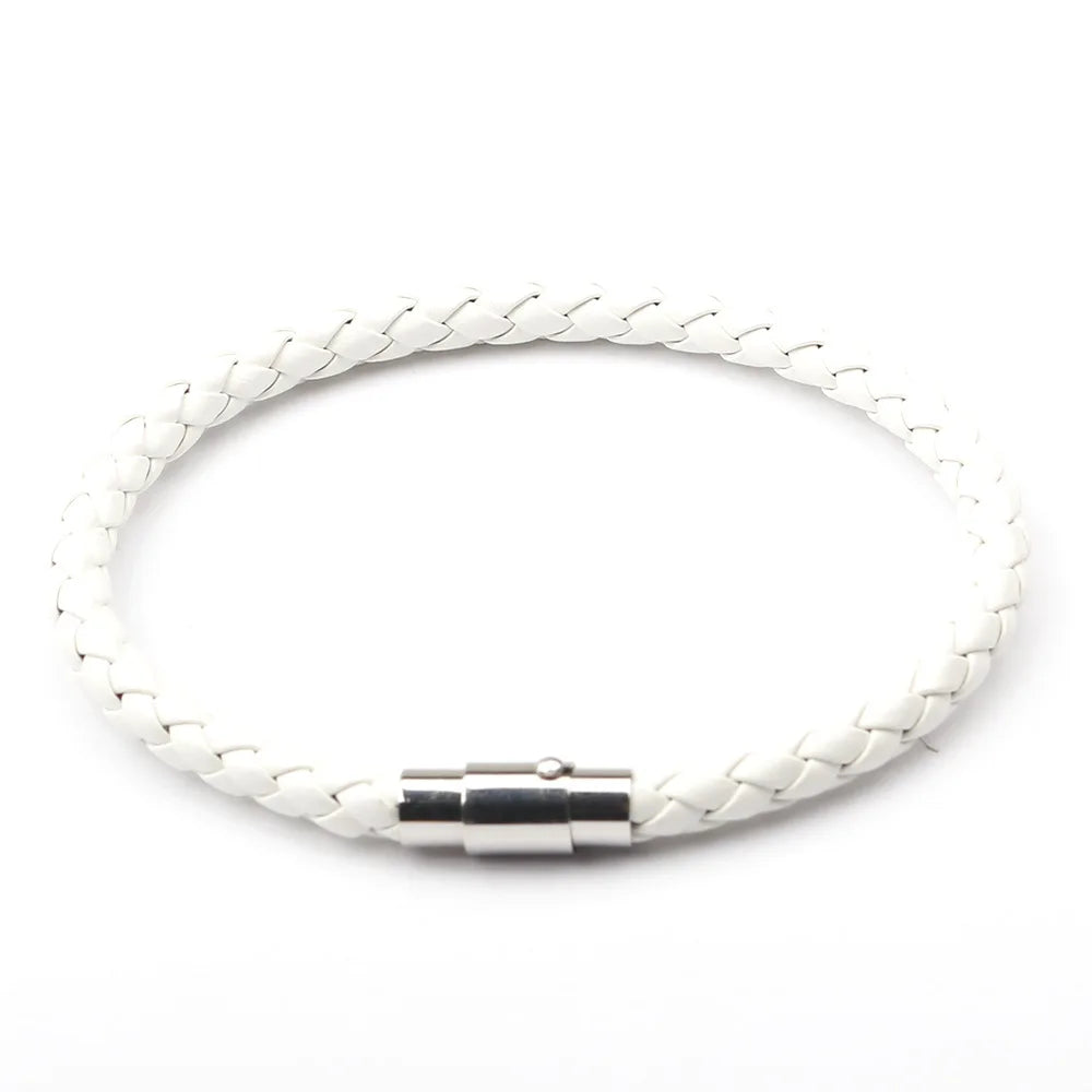 White braided leather bracelet with a silver clasp on a white background