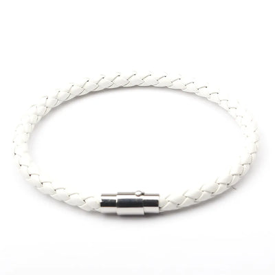 White braided leather bracelet with a silver clasp on a white background