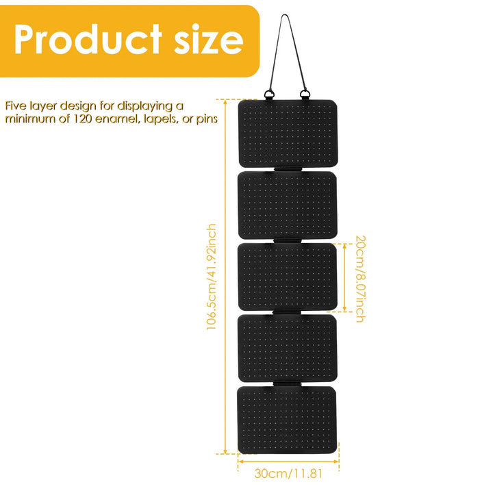 Black Hanging Felt Pin Display Panels with dimensions on a white background