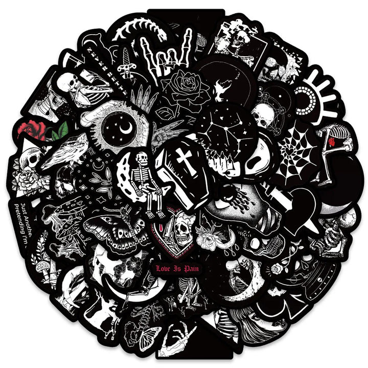 Circular sticker pack with various black and white designs on a white background