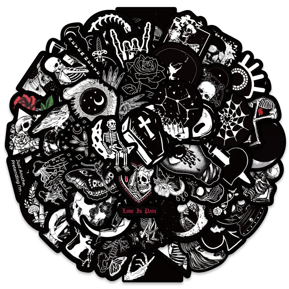 Circular sticker pack with various black and white designs on a white background