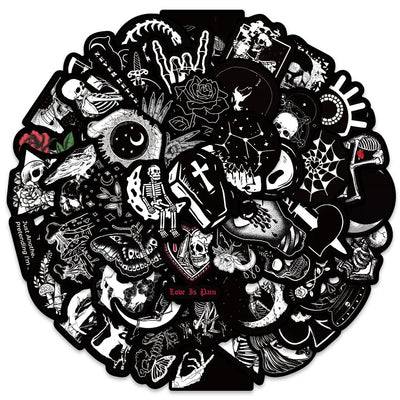 Circular sticker pack with various black and white designs on a white background