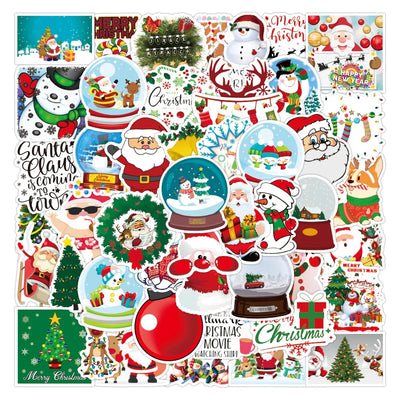 Collection of Christmas-themed stickers featuring Santa Claus, snowmen, and other holiday elements on a white background.