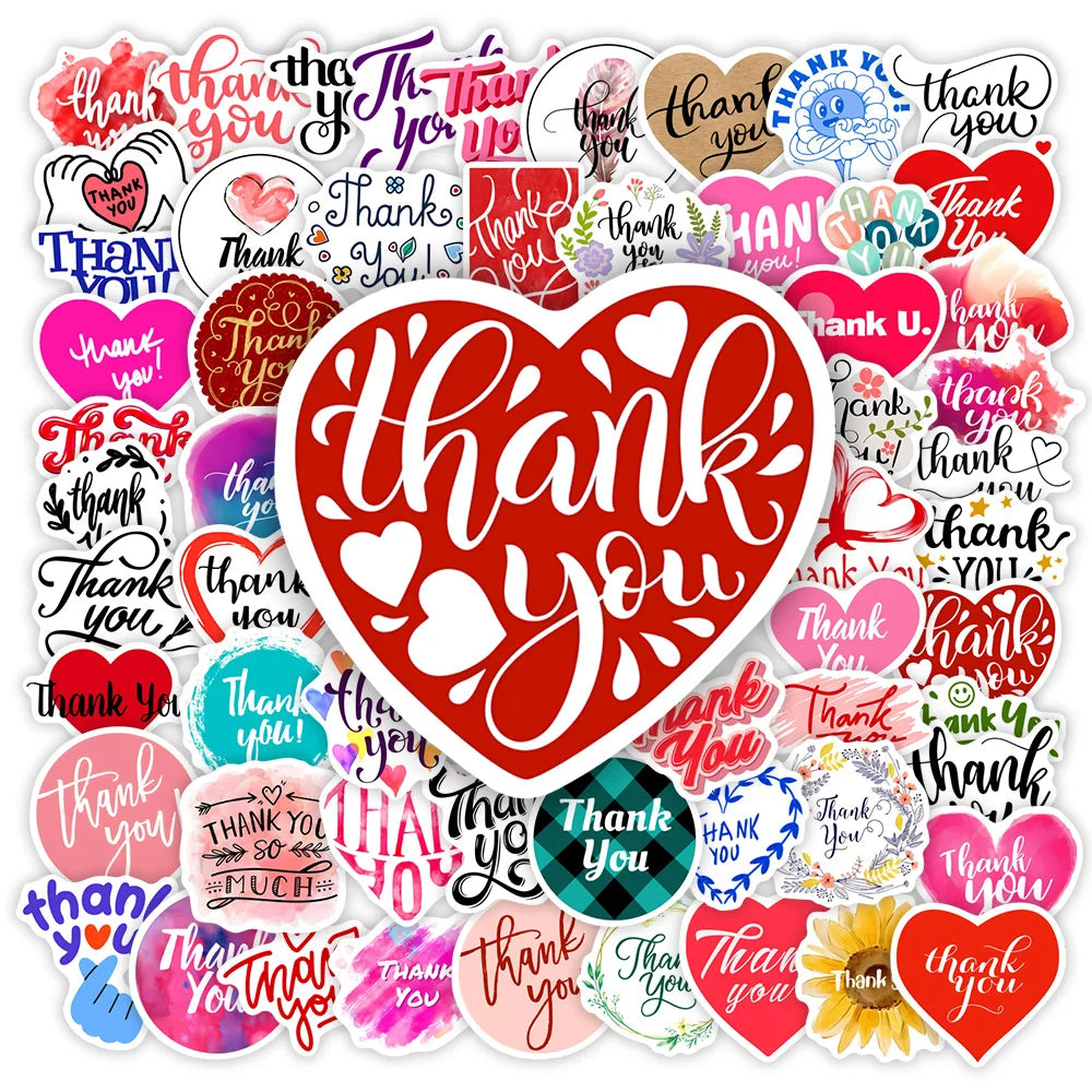 Collection of 'thank you' stickers with various designs and colors.