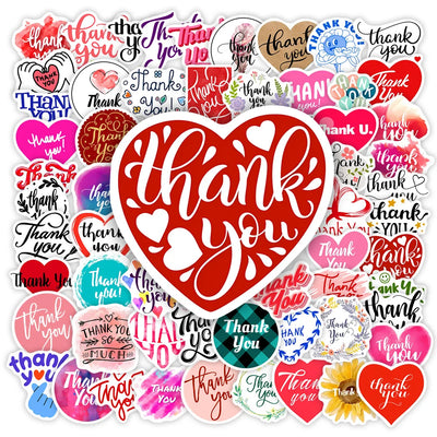 Collection of 'thank you' stickers with various designs and colors.