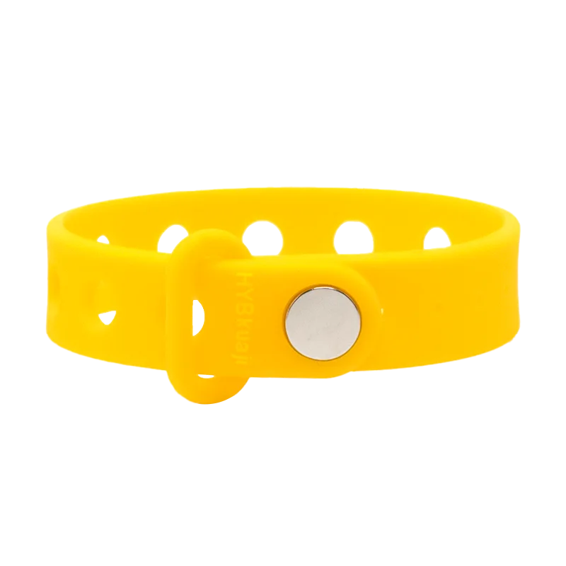 Yellow wrist band with a silver buckle on a white background