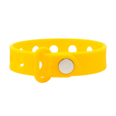 Yellow wrist band with a silver buckle on a white background