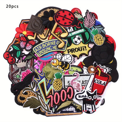 Collection of colorful patches with various designs on a white background