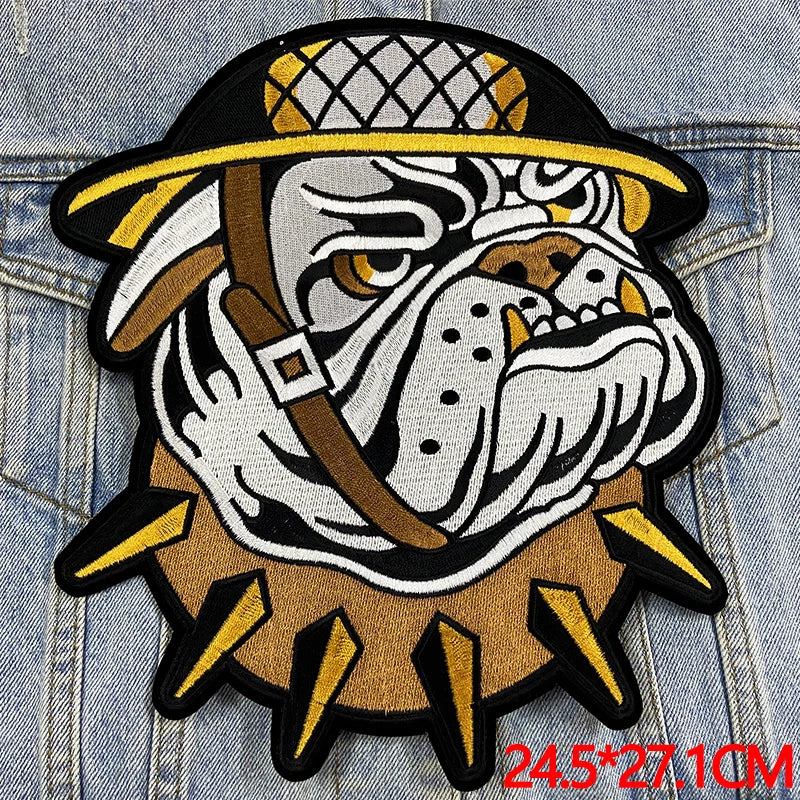 Bulldog patch with a hat on denim fabric