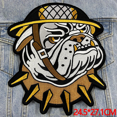Bulldog patch with a hat on denim fabric