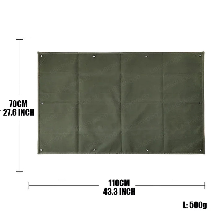 Green patch display board half rolled with dimensions 70x110cm and weight on a white background