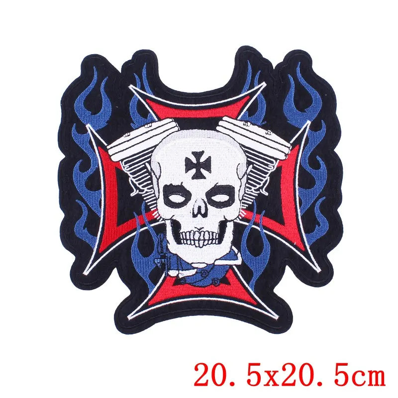 Punk rock patch with skull and flames design on a white background