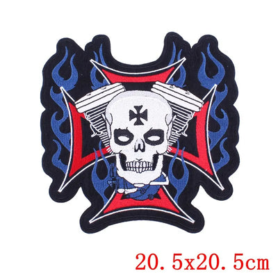 Punk rock patch with skull and flames design on a white background