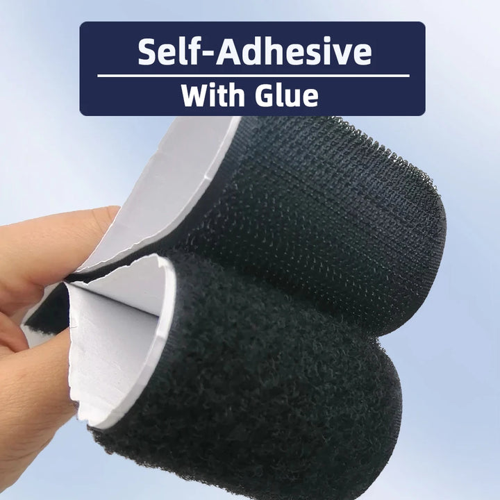 Black self-adhesive Velcro pads with glue on a blue background