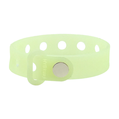 Luminous green wrist band with a central round metal component on a white background