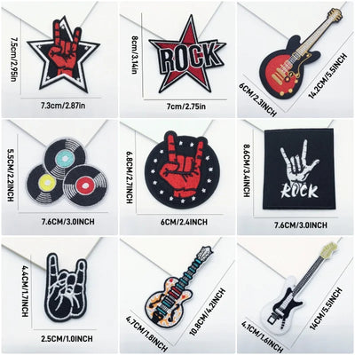 Collection of rock-themed patches with measurements on a white background