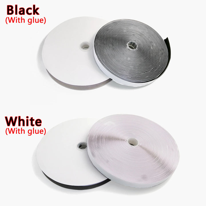 Two rolls of tape, one black and one white, with glue on a white background.