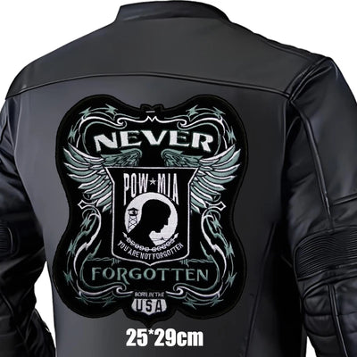Black leather jacket with 'Never Forgotten' and POW/MIA emblem on the back