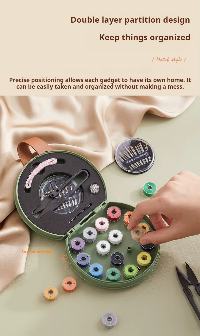 Double layer sewing kit organizer with thread spools, needles, scissors and repair tools