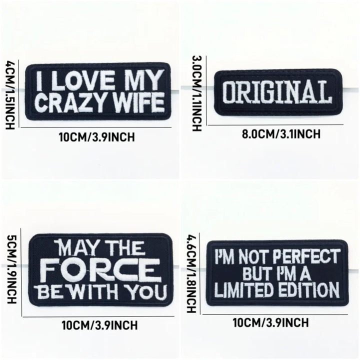 Set of four black rectangular stickers with white text, showing dimensions on a white background.
