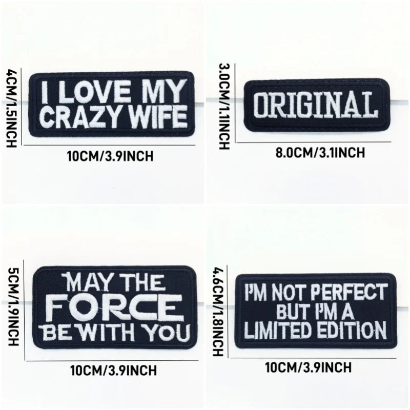 Set of four black rectangular stickers with white text, showing dimensions on a white background.