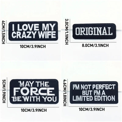 Set of four black rectangular stickers with white text, showing dimensions on a white background.