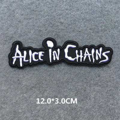 Embroidered patch with 'Alice in Chains' text on a gray background