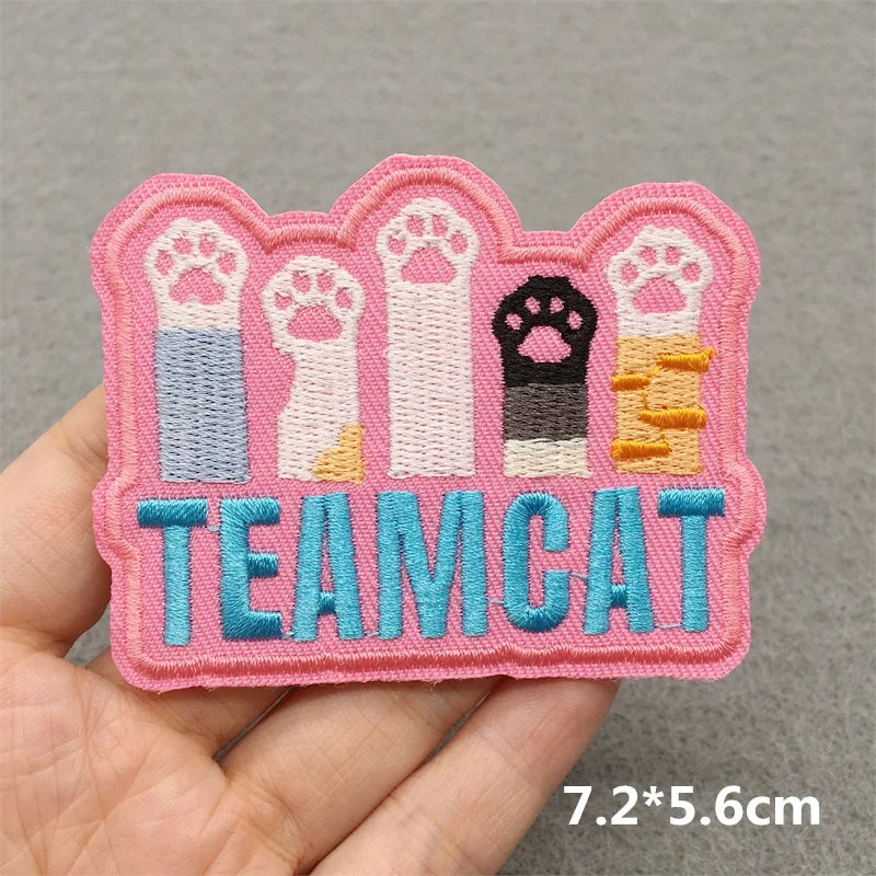 Embroidered patch with paw prints and 'TEAMCAT' text held by a hand on a gray background.