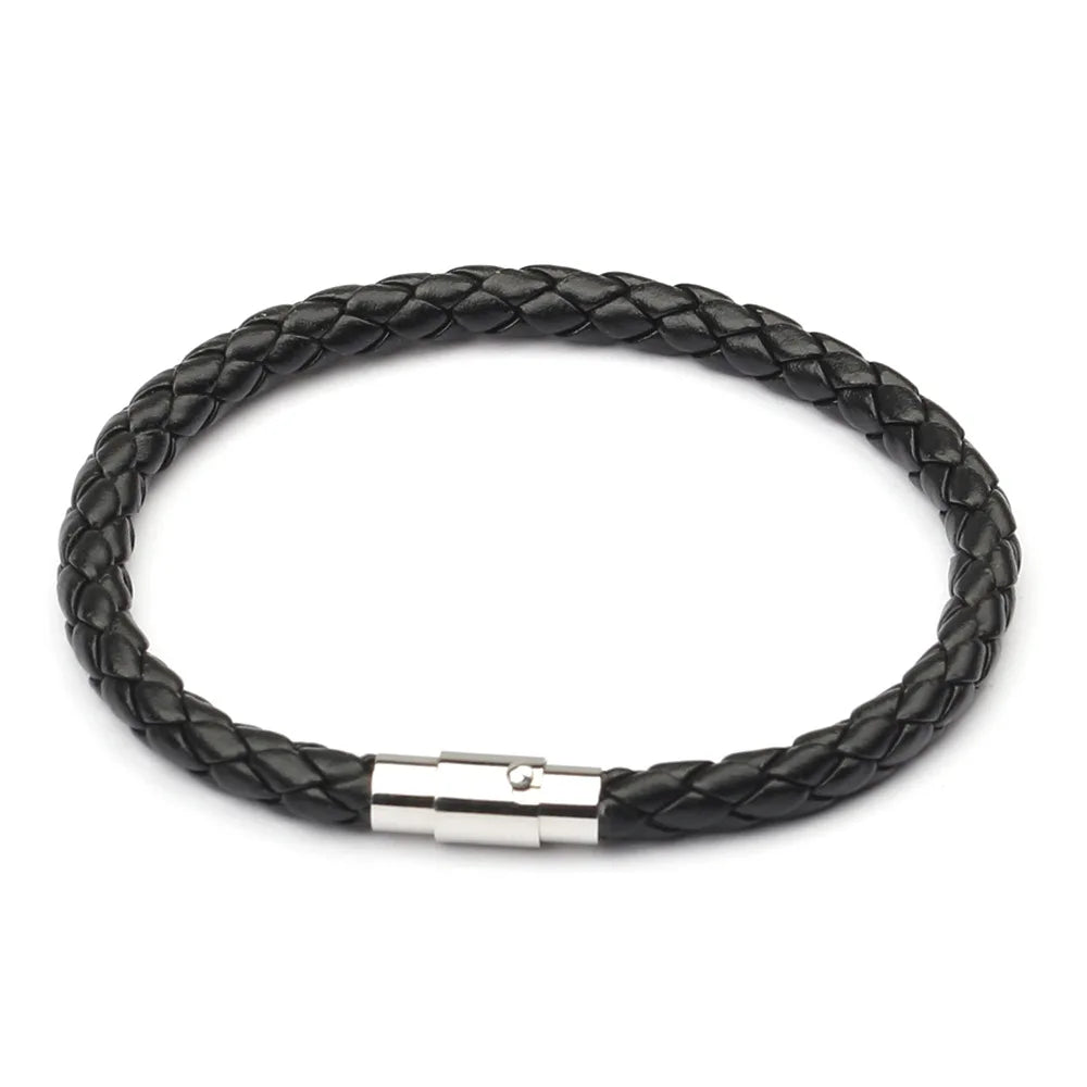 Black braided leather bracelet with a silver clasp on a white background