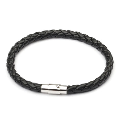 Black braided leather bracelet with a silver clasp on a white background
