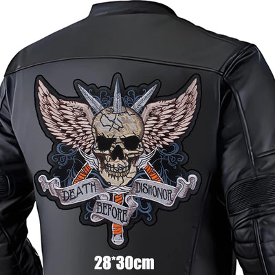 Black leather jacket with a skull and crossbones design on the back, featuring the text 'Death Before Dishonor'.