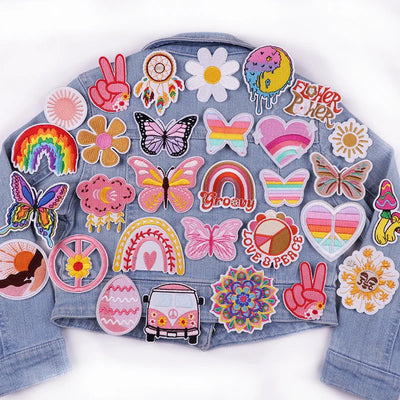 🧷 Cute Pink Aesthetic Embroidered Patch – Iron-On Butterfly, Rainbow, Heart, and Flower Designs for Jackets & DIY Clothing