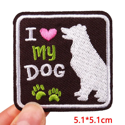 Embroidered patch with 'I ❤️ my dog' text and a dog silhouette.