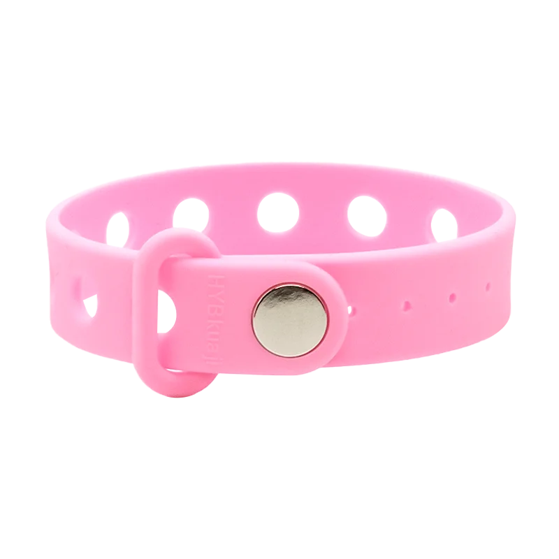 Pink wrist band with a metal buckle on a white background