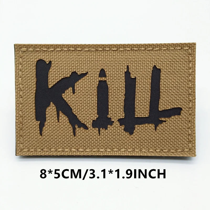 Rectangular patch with black silhouette design on a brown background