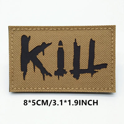 Rectangular patch with black silhouette design on a brown background