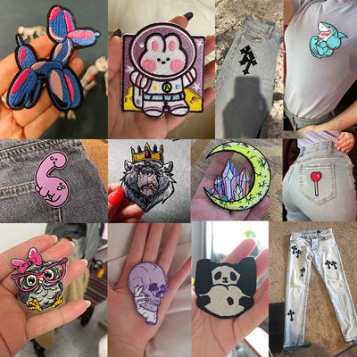 Collage of various colorful patches on clothing and skin