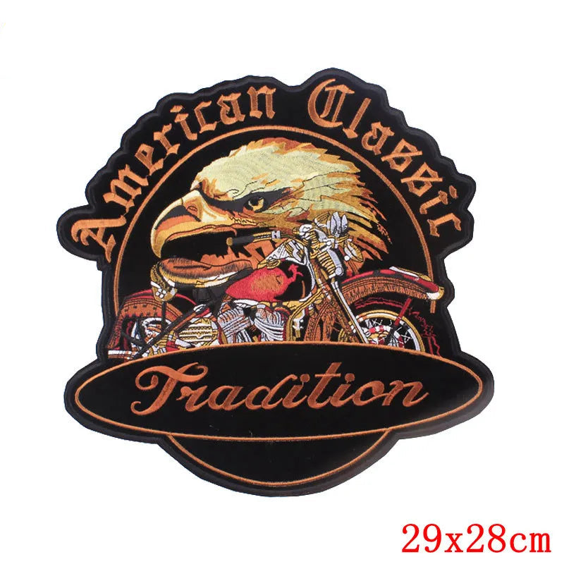 Logo with an eagle and motorcycle, featuring the text 'American Classic Tradition', on a white background.
