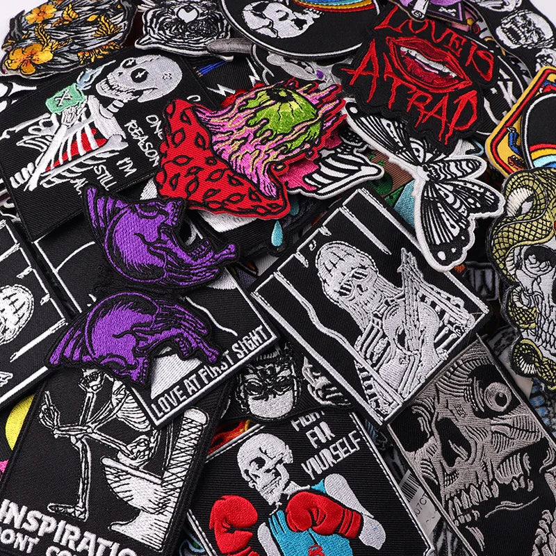 💀 20–50pcs Punk Skull Patch Pack — Iron-On Embroidered