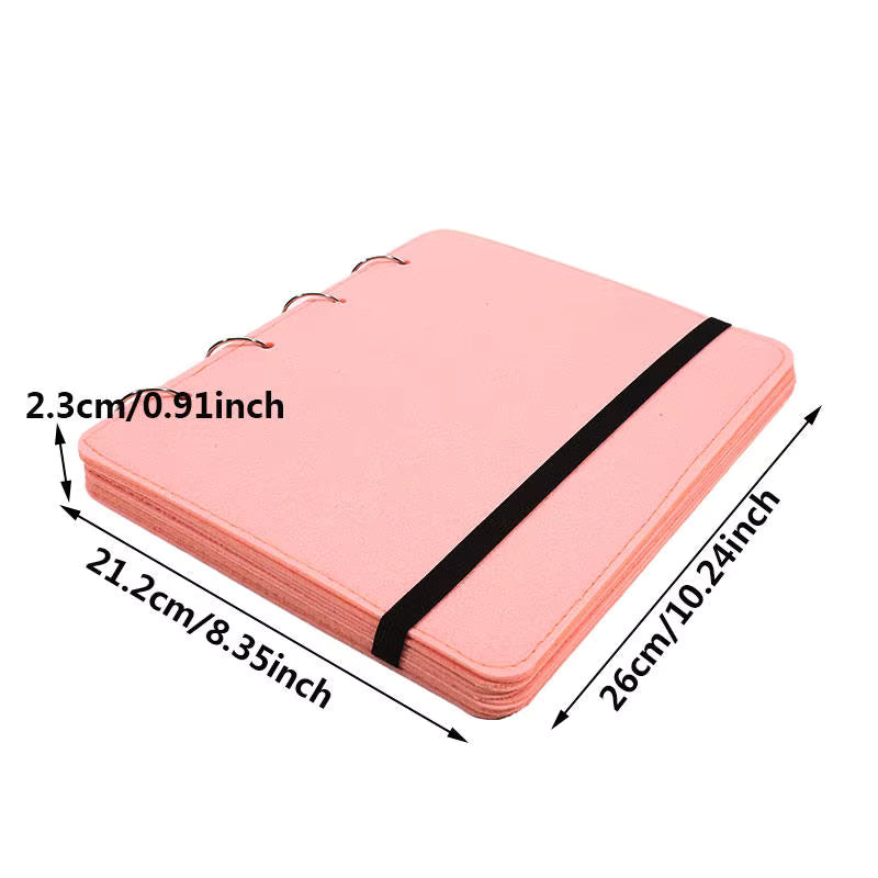 Pink Felt Pin &amp; Patch Display Storage Book with dimensions on a white background