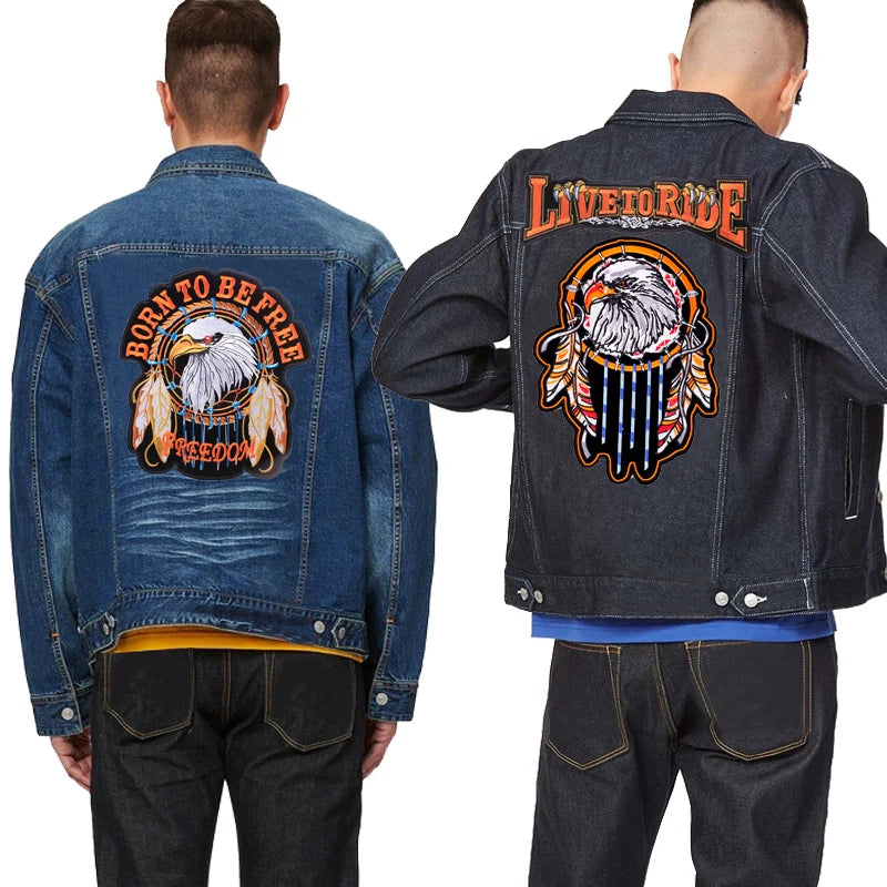 Denim jacket with eagle design and text on a white background