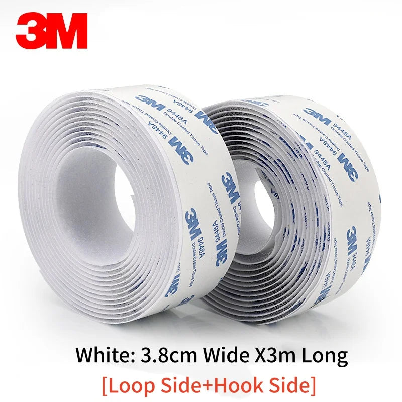 Two rolls of 3M white Velcro tape with specifications on a white background 3.8cm x 3meters